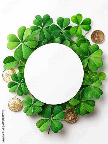 Obraz na płótnie St. Patrick’s Day Irish Culture concept. A circular frame of green shamrocks surrounds a blank white space and golden coins, symbolizing luck and celebration. w salonie