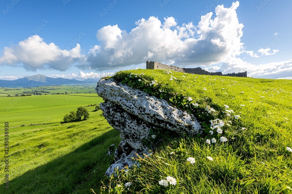 St. Patrick’s Day Irish Culture concept. A rocky outcrop covered in green grass and wildflowers, set against a backdrop of rolling hills and blue sky with fluffy clouds.