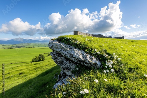 Obraz na płótnie St. Patrick’s Day Irish Culture concept. A rocky outcrop covered in green grass and wildflowers, set against a backdrop of rolling hills and blue sky with fluffy clouds. w salonie