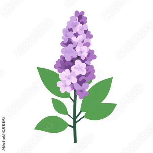 Simple flat 2D illustration of lilac branch with leaves isolated on a white background, AI purple lilac branch illustration clipart, icon