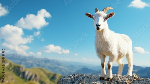 Young White Goat on Mountain Peak Scenic Landscape