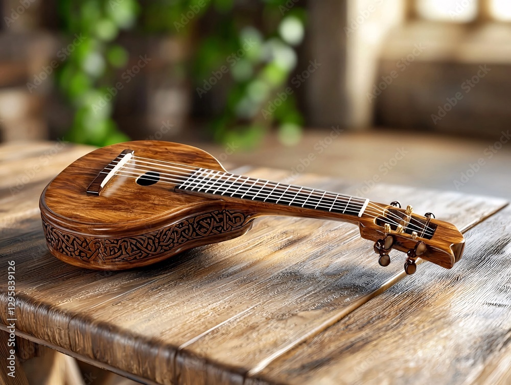 St. Patrick’s Day Irish Culture concept. A beautifully crafted ukulele rests on a rustic wooden table, surrounded by soft natural light and greenery.