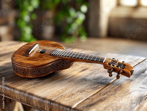 St. Patrick’s Day Irish Culture concept. A beautifully crafted ukulele rests on a rustic wooden table, surrounded by soft natural light and greenery.
