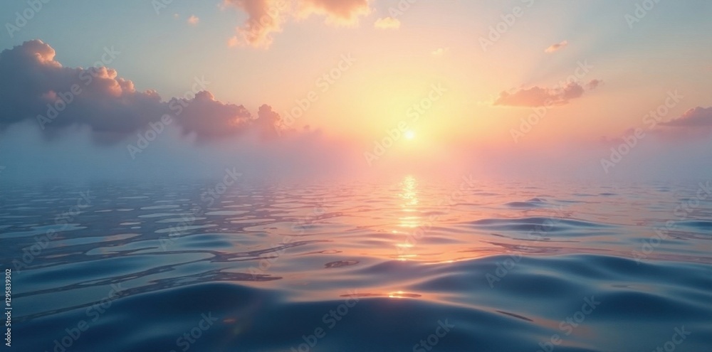 Misty dawn, gentle sea ripples reflecting soft light, serene, sun Misty dawn, gentle sea ripples reflecting soft light, serene, sun