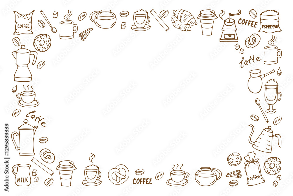 Fototapeta premium horizontal frame of coffee utensils, coffee cups and teapots, hand drawn in cartoon style.