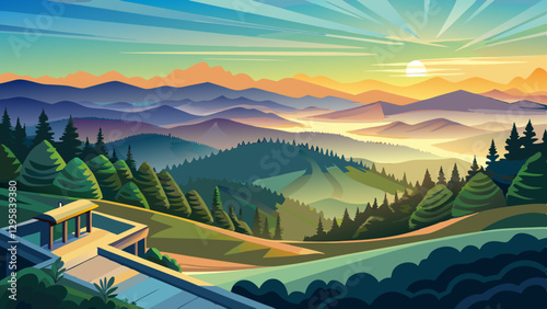 View from an overlook of rolling hills at sunrise near Cheaha Mountain in Alabama, USA
