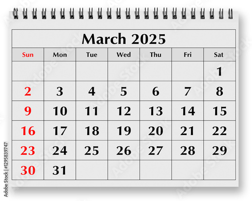 Page of annual monthly calendar - spring month march 2025 photo