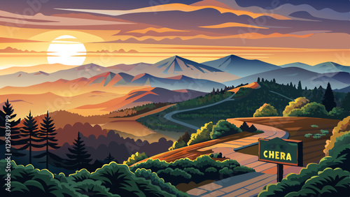 View from an overlook of rolling hills at sunrise near Cheaha Mountain in Alabama, USA