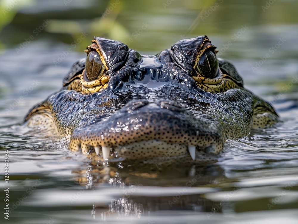 Close-Up of a Crocodile Emerging from Water with Intense Eyes and Sharp Teeth Surrounded by Nature in a Serene Environment Close-Up of a Crocodile Emerging from Water with Intense Eyes and Sharp Teeth Surrounded by Nature in a Serene Environment