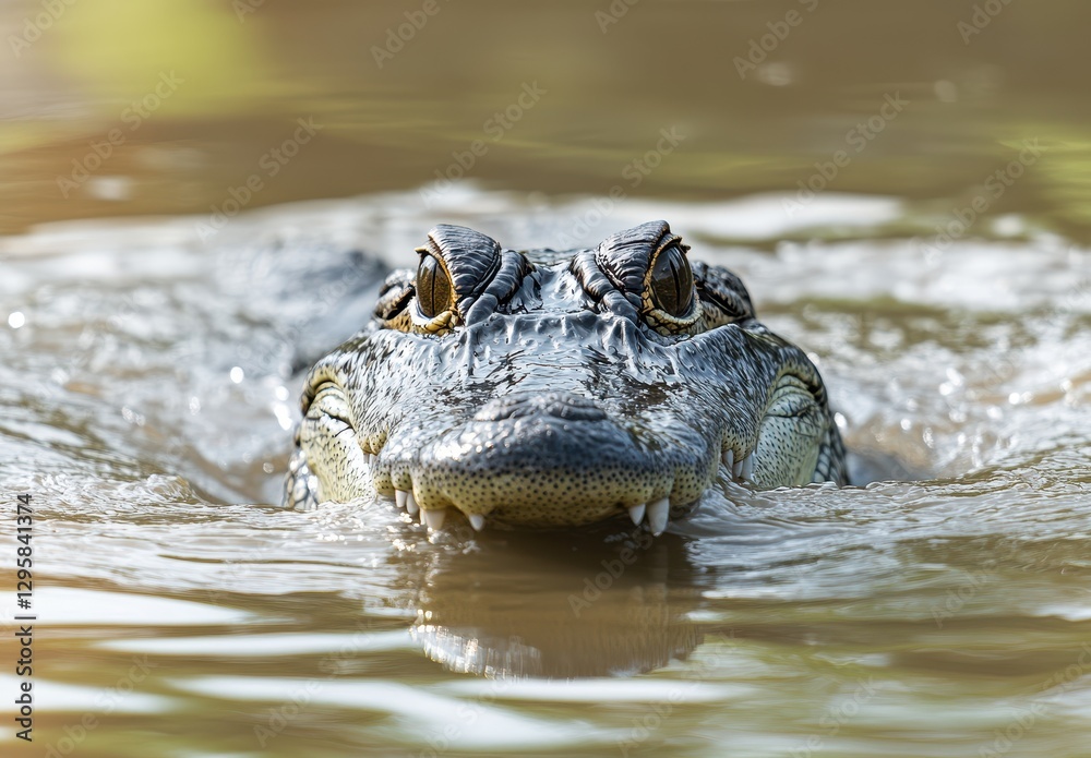 Close-Up of a Crocodile Emerging from Water, Showcasing Detailed Skin Textures and Sharp Teeth in a Tranquil Aquatic Environment Close-Up of a Crocodile Emerging from Water, Showcasing Detailed Skin Textures and Sharp Teeth in a Tranquil Aquatic Environment