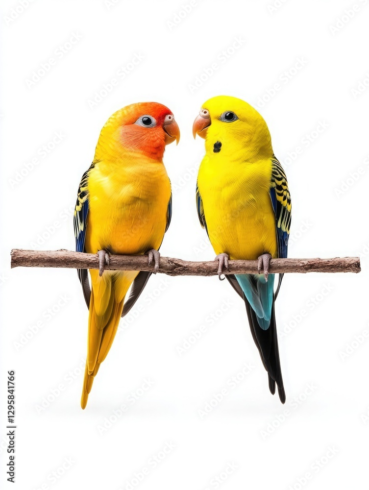 Fototapeta premium Colorful parrots perched closely on a branch display affectionate interaction in a bright setting
