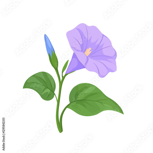 A Simple icon flat 2D icon purple morning glory flower branch isolated on a white background, vector, animation design, simple flat 2D icon, minimalist design and modern illustration