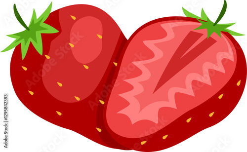 Strawberry fruit illustration with leaf in slice, half, whole in vector format. Red berry strawberry with leaf. Fresh strawberry.