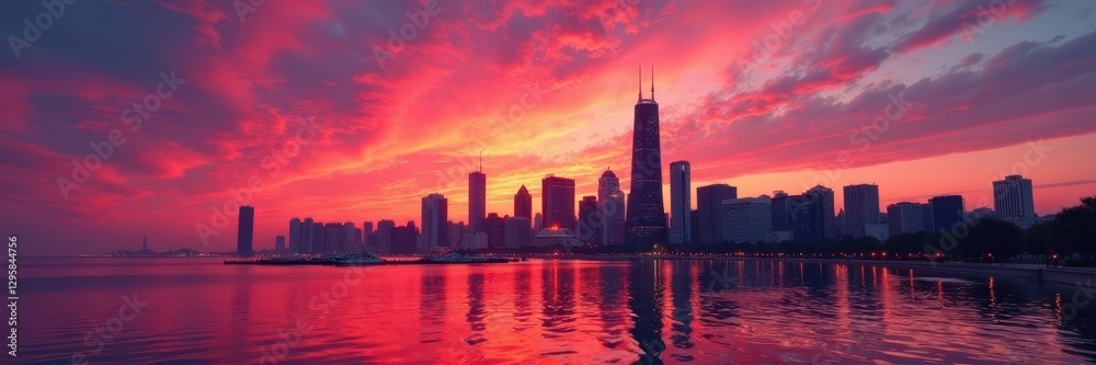 Fototapeta premium Vibrant sunset hues paint Chicago's towering structures , photography, aerial