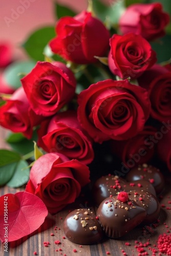 Vibrant red roses, rich chocolates, romantic Valentine's Day arrangement , chocolates, texture, rich