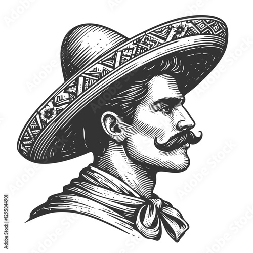 serious man wearing a traditional sombrero and formal suit with a bow tie, showcasing cultural elegance and heritage sketch engraving generative ai vector illustration. Scratch board. Black and white.