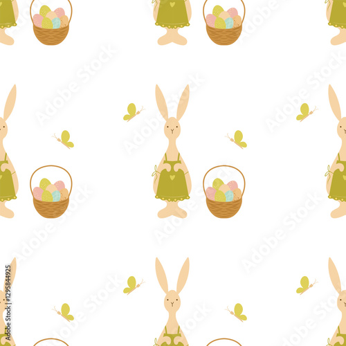 Seamless pattern Easter Bunny wearing an apron with a hamper and easter eggs, rabbit with a basket. Hand drawn seamless pattern for children design, decoration, cards