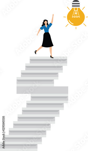 Innovation idea to drive success, business innovative solution to achieve a goal, businesswoman climb up ladder to reach lightbulb symbol