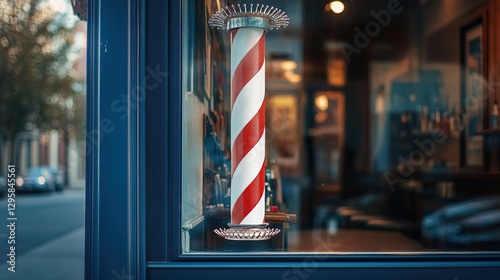 A barber shop window with a rotating barber pole outside, inviting customers in for haircuts and grooming.
