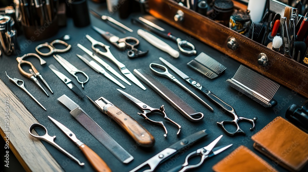 Fototapeta premium A barbers toolkit with scissors, clippers, razors, and combs, representing the essential tools of the trade.