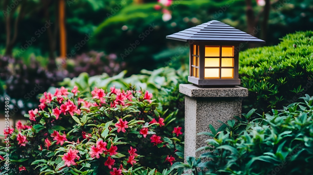 Tranquil garden scene featuring a decorative lantern amidst blooming azaleas and lush greenery Tranquil garden scene featuring a decorative lantern amidst blooming azaleas and lush greenery