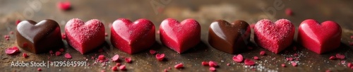 Heart-shaped chocolates arranged on rustic wood , indulgent, texture