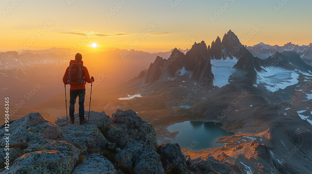 Fototapeta premium Hiking at sunrise along a mountain ridge with stunning views of peaks and lakes in the distance in the early morning hours
