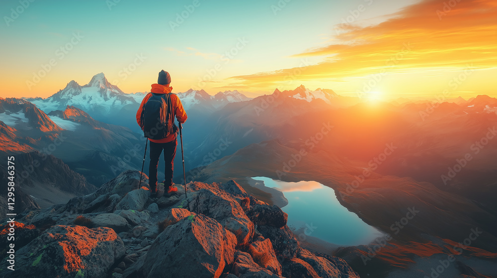 Hiker gazes at breathtaking mountain sunset over tranquil lake in a remote wilderness area Hiker gazes at breathtaking mountain sunset over tranquil lake in a remote wilderness area