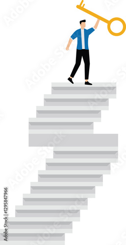 Businessman winner walk up to the top of stairway lifting golden success key to the sky, key to business success, stairway to find big success or achieve career target