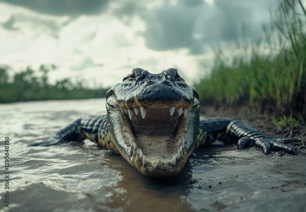 Obraz premium Close-up of a crocodile in a wetland environment, showcasing its open jaws and sharp teeth, with lush greenery and cloudy sky in the background