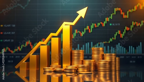 Financial Growth and Investment Success: Gold Coins and Rising Stock Market Graph
