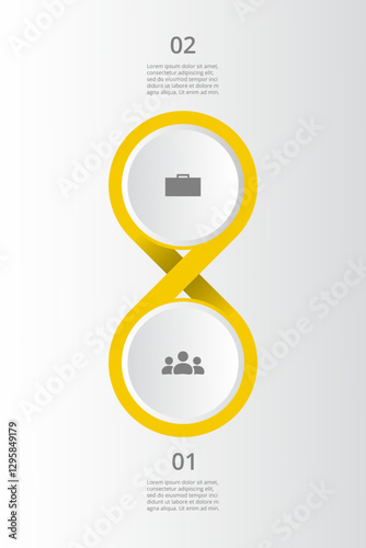 Yellow infographic template with 2 steps, options, parts or processes. Presentation of teamwork or business processes. Concept of molecule or infinity sign.