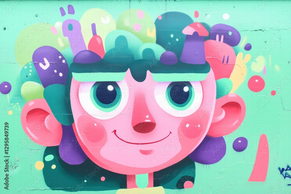Fototapeta premium A vibrant mural featuring a cartoonish character with large eyes, a cheerful expression, and colorful hair. The background is a bright green with abstract shapes and patterns.