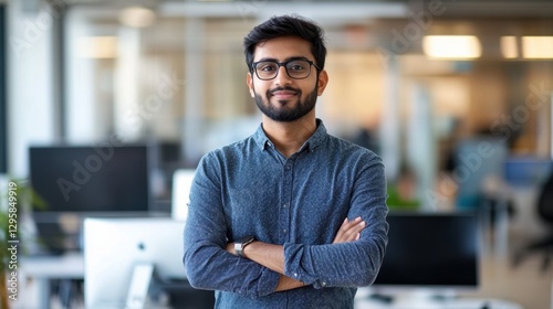 Confident young professional man standing with arms crossed in modern office environment with computers and natural light in background