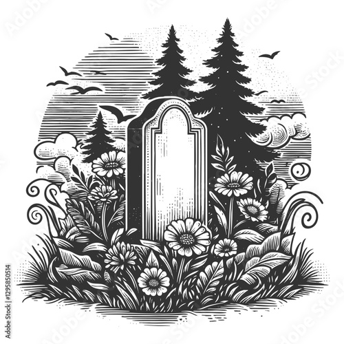 tombstone featuring a cross and surrounded by flowers and grass, symbolizing remembrance, loss, and peace sketch engraving generative ai vector illustration. Scratch board. Black and white image.