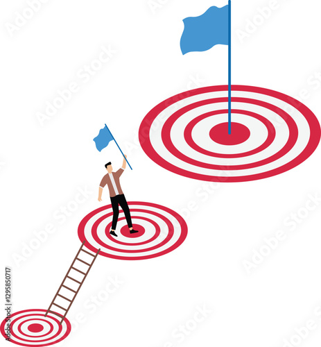 Success businessman climb up ladder reaching goal and looking for next bigger step, challenge achievement to higher target, the way forward or next level, bigger business goal