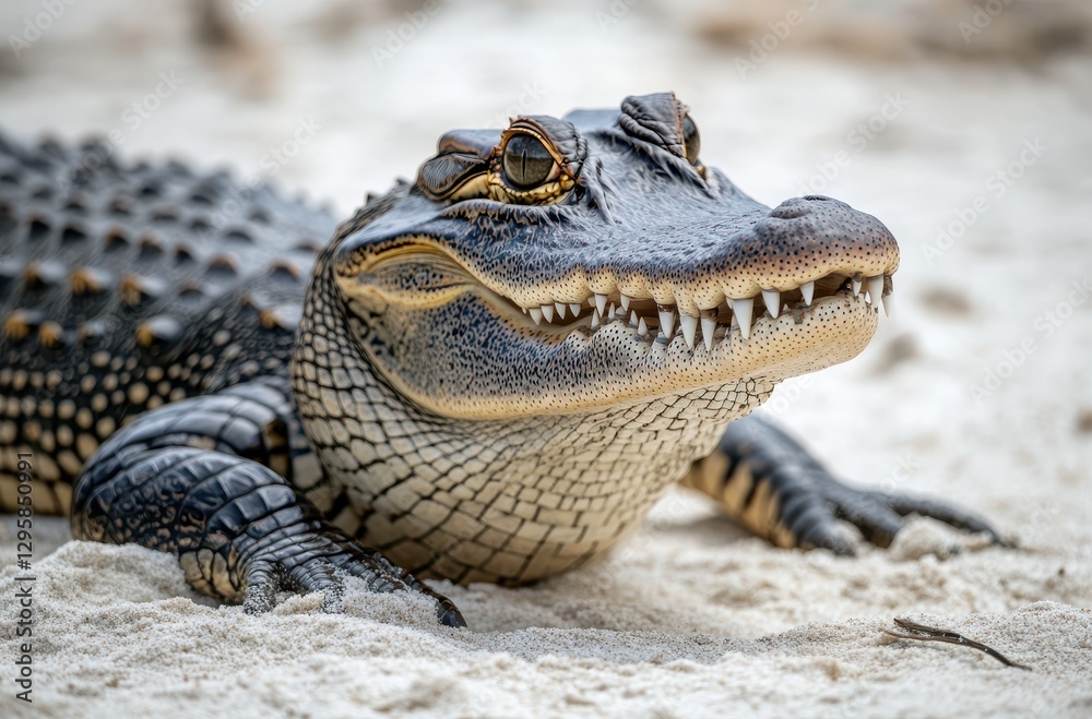 Fototapeta premium Close-Up of a Crocodile on Sandy Shore with Detailed Scales and Intense Expression, Capturing the Intrigue of Nature's Predators