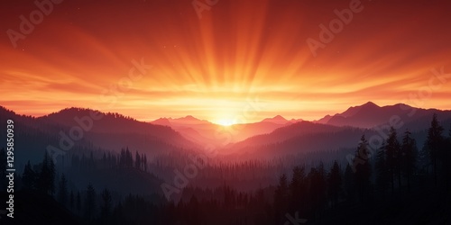 Sunset over a vast canyon, golden rays illuminating the rugged rock formations, deep shadows creating depth