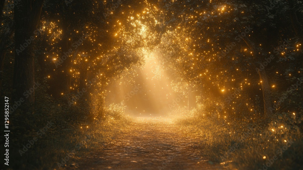 Naklejka premium Luminous golden air curtain framing a mysterious pathway in enchanted forest nature scenic view magical atmosphere