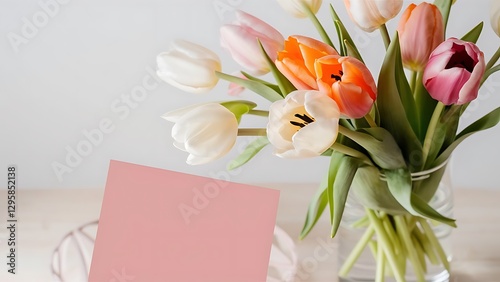 Wallpaper Mural Bouquet of spring tulips with blank paper isolated on pink Torontodigital.ca