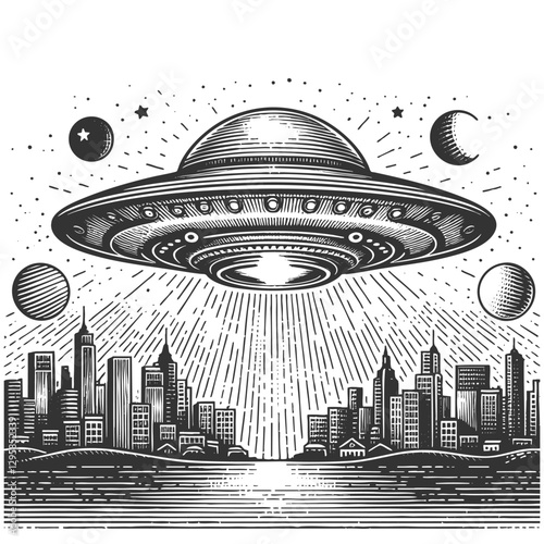 UFO hovering over a city, emitting bright beams of light in a dramatic scene sketch engraving generative ai vector illustration. Scratch board imitation. Black and white image.