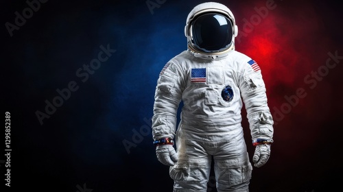Astronaut in Space Suit with American Flag on Dramatic Background