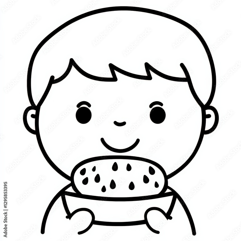 Obraz premium Happy Child Enjoying a Bowl of Food, Coloring cartoon for child in summer 2025