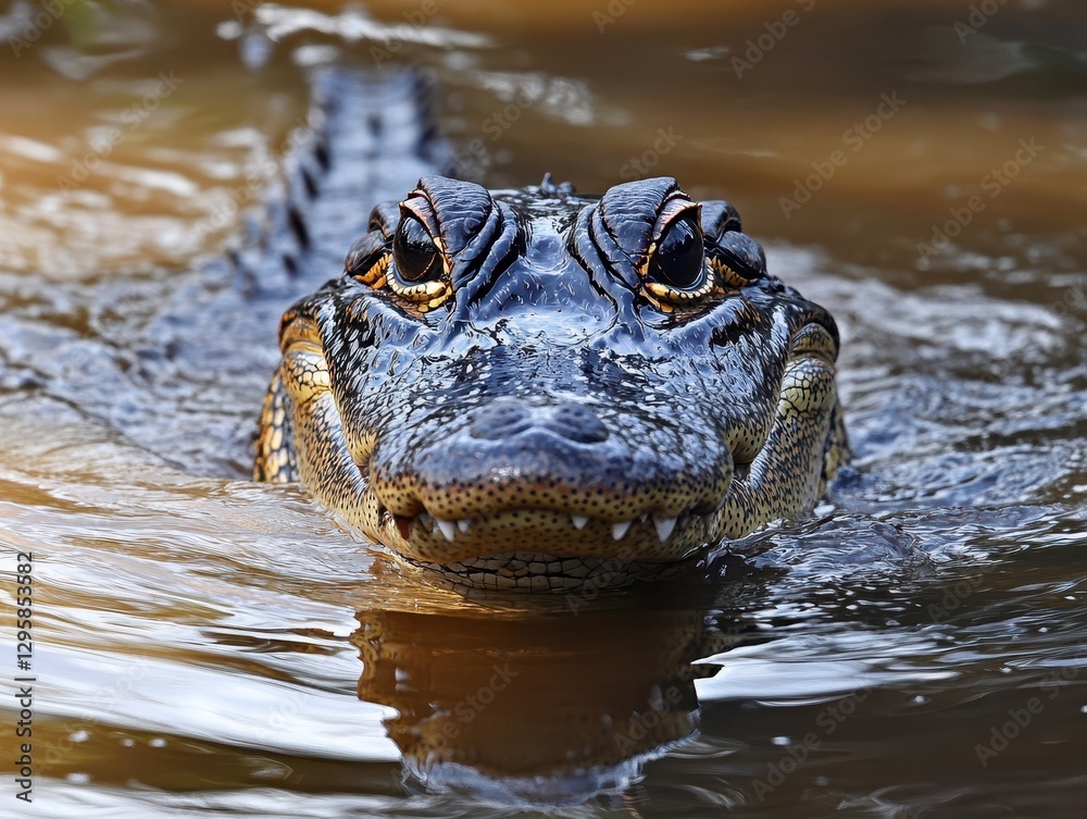 Close-Up of a Crocodile Swimming in Clear Water Showcasing Textured Scales and Sharp Teeth in Natural Habitat under Soft Lighting Conditions Close-Up of a Crocodile Swimming in Clear Water Showcasing Textured Scales and Sharp Teeth in Natural Habitat under Soft Lighting Conditions