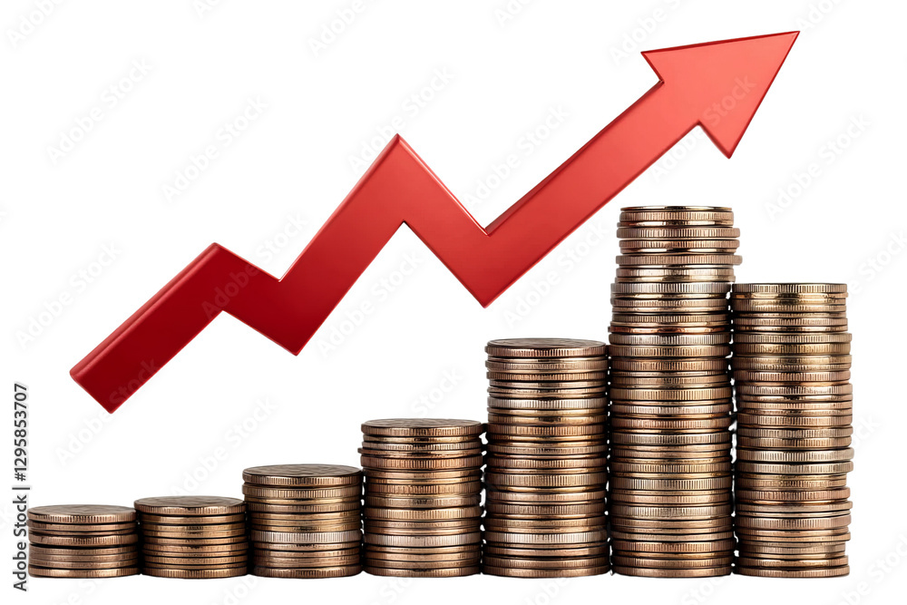 Red Arrow Graph Over Growing Coin Stacks Isolated on Transparent Background, Finance, Growth, Investment, Finance, Investment, Growth Red Arrow Graph Over Growing Coin Stacks Isolated on Transparent Background, Finance, Growth, Investment, Finance, Investment, Growth