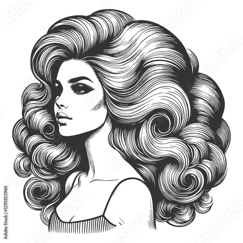 woman with an enormous, intricately curled hairstyle, blending surrealism, elegance, and vintage artistic style sketch engraving generative ai vector illustration. Scratch board. Black and white image