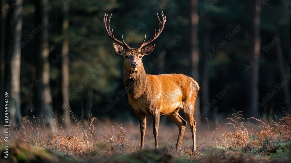 Fototapeta premium A majestic deer with large antlers stands inside a forest