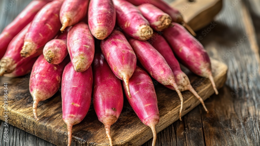 Fresh and vibrant pink radishes displayed on a wooden cutting board in a rustic kitchen setting, perfect for healthy recipes Fresh and vibrant pink radishes displayed on a wooden cutting board in a rustic kitchen setting, perfect for healthy recipes