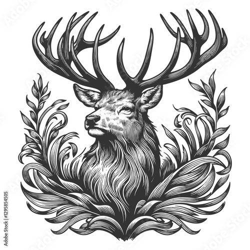 deer with large antlers, surrounded by decorative foliage, evoking a sense of nature, wildlife, and elegance sketch engraving generative ai vector illustration. Scratch board. Black and white image.