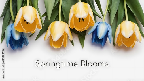 Wallpaper Mural Top view of yellow and blue tulips with leaves on white background, banner Torontodigital.ca